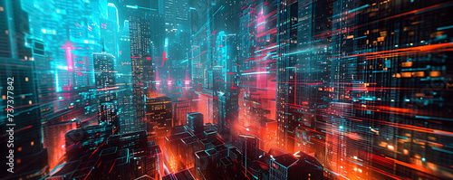 Glitchy cybernetic cityscape  where buildings morph and shift in a mesmerizing display of digital anomalies