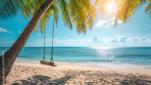 A swing hanging from a palm tree on a tropical beach.