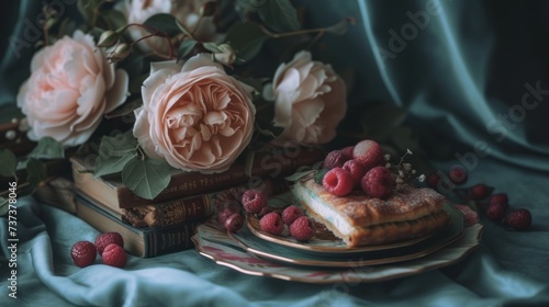 a plate topped with a piece of cake next to a bunch of raspberries and a bouquet of flowers.