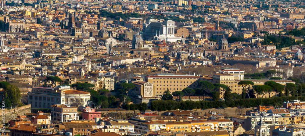 Aerial view of the Vittoriano, white marble monument located at Piazza Venezia in Rome, Italy.