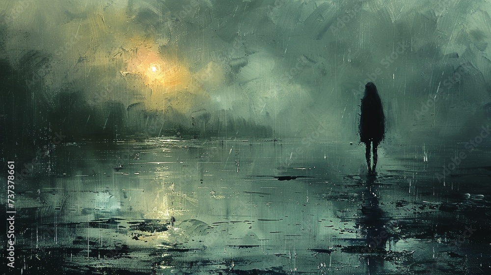 A women standing in a dark foggy place depicting depression Silhouette  illustration - obrazy, fototapety, plakaty 
