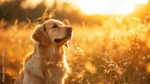 Golden Retriever dog enjoying outdoors at a large grass field at sunset, beautiful golden light, generative ai photo