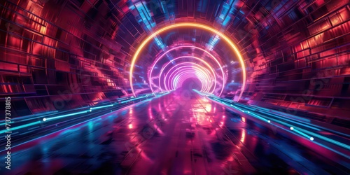 Vibrant neon tunnel pulsating with colorful lines, electrifying journey through a kaleidoscope of light and movement. © Fayrin