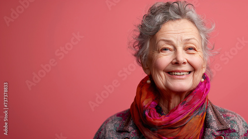 Retrato de una mujer  mayor, sonriente, feliz, sobre fondo rosa claro photo