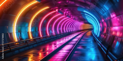 Vibrant neon tunnel pulsating with colorful lines, electrifying journey through a kaleidoscope of light and movement.