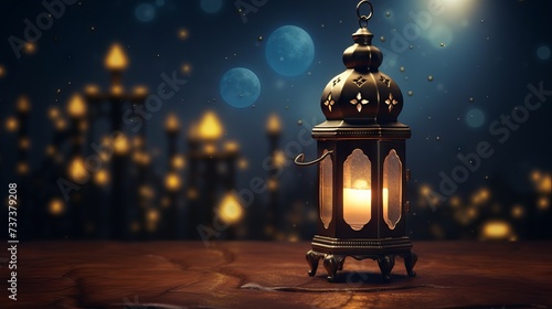 Radiant ramadan kareem: serene mosque lantern illuminated against crescent moonlit sky  