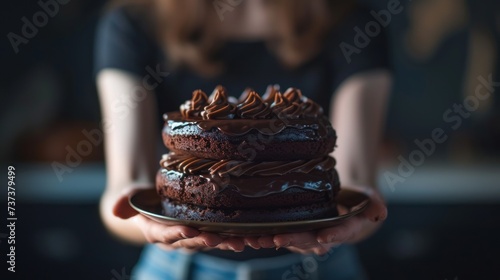 a close up of a person holding a cake with chocolate frosting and sprinkles on a plate.