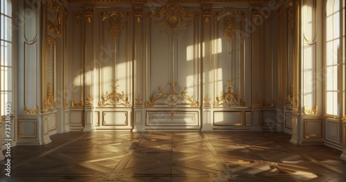 a room with golden walls and doors in the old era