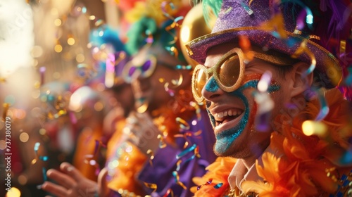 A lively Mardi Gras celebration scene, with vibrant costumes, lively music