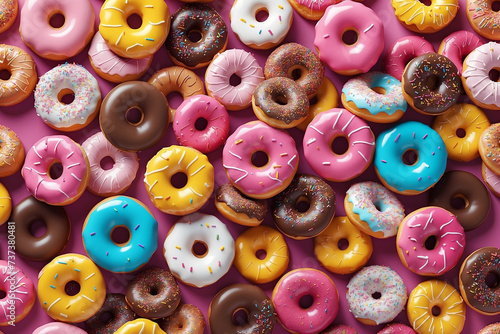 Top view of a variety of glazed donuts. Colorful donuts with icing as background. Various colorful glazed donuts with sprinkles. photo