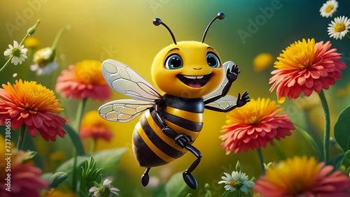 cute cartoon bee character, flowers design