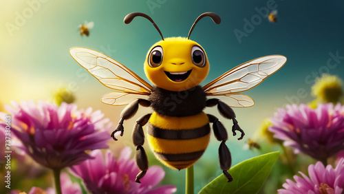 cute  cheerful  cartoon bee character, flowers