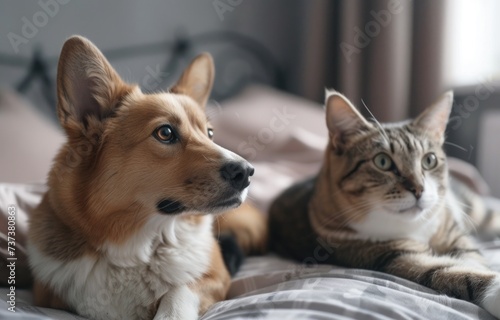 dog and cat sitting on a bed with different textures