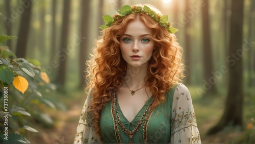 Bright, strawberry blonde-haired, with freckles. 30 year old 38 inch bustline anf full lips , green eyes,wearing amber strands and beads The sun, the autumn forest, fantastic beauty. Curls
