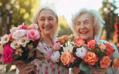 two women are holding flowers and are smiling