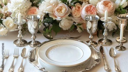 A sophisticated Easter dinner setting, with polished silverware, fine china,
