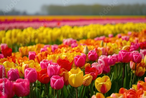 Capture the breathtaking spectacle of millions of tulips in vibrant colors carpeting the fields around Alkmaar  emphasizing the scale and mesmerizing beauty of the flowerbeds. 