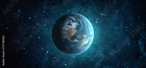 Panoramic view of the Earth, stars and galaxy. Planet Earth, view from space. Space fantasy. Elements of this image furnished by NASA. © Tryfonov