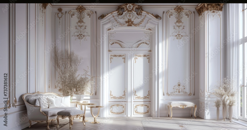 a posh room with white, gold wall panels
