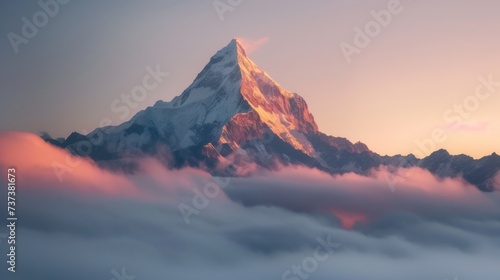 A snow-capped mountain peak glowing in the morning sunlight, surrounded by a blanket of misty clouds