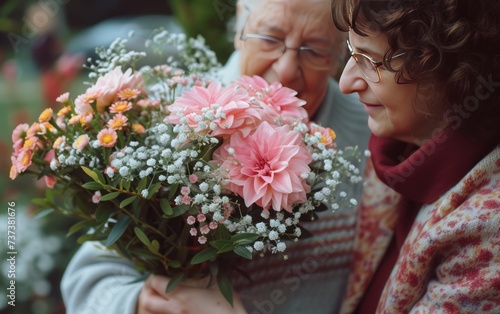 a woman is holding a bouquet of flowers next to an older woman