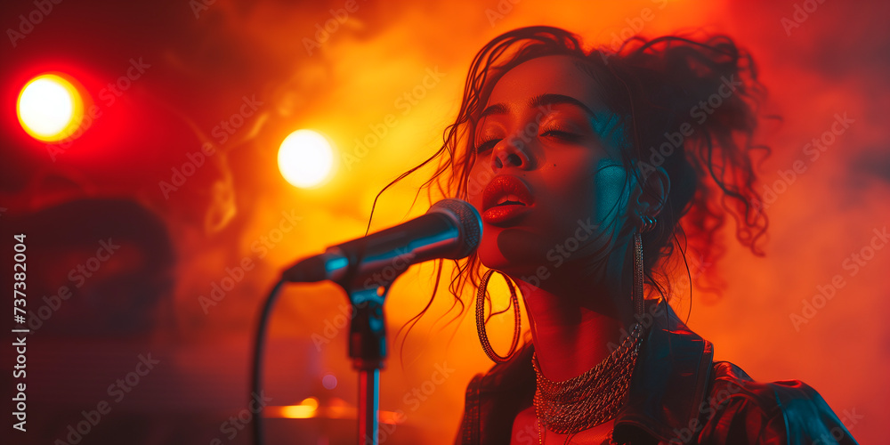 A young female vocalist delivering a powerful performance under vibrant red stage lights A young female vocalist delivering a powerful performance under vibrant red stage lights