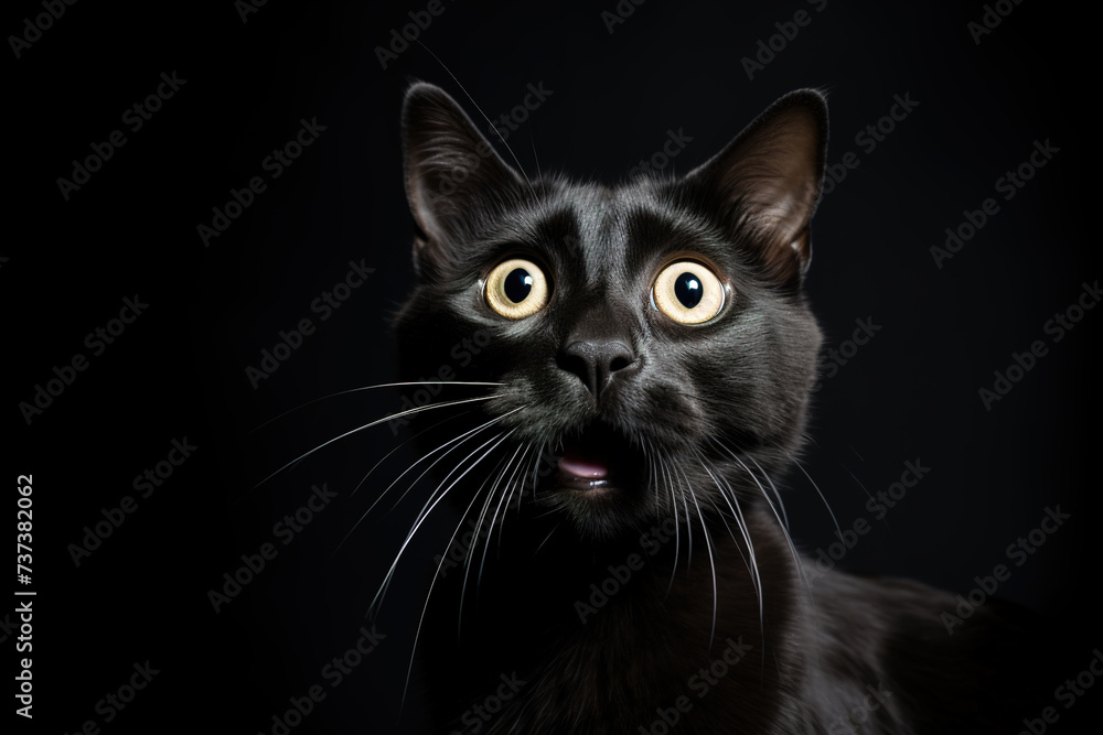 Black surprised cat with large, captivating eyes on black background. Ideal for promotions, great deals or offers. Good price, Black Friday, discount. Amazed pet.