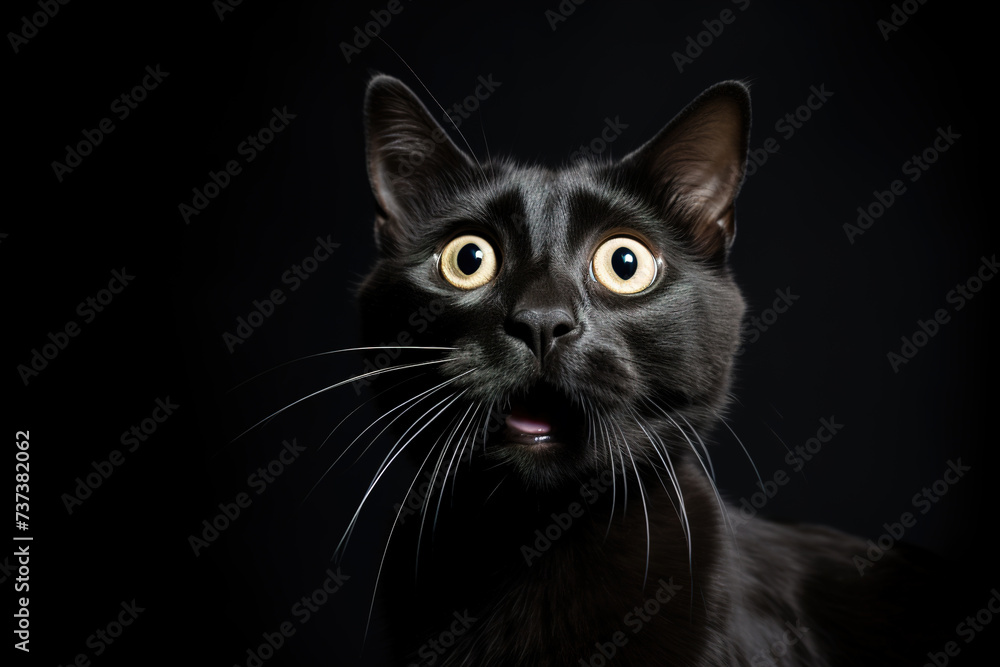 Fototapeta premium Black surprised cat with large, captivating eyes on black background. Ideal for promotions, great deals or offers. Good price, Black Friday, discount. Amazed pet.