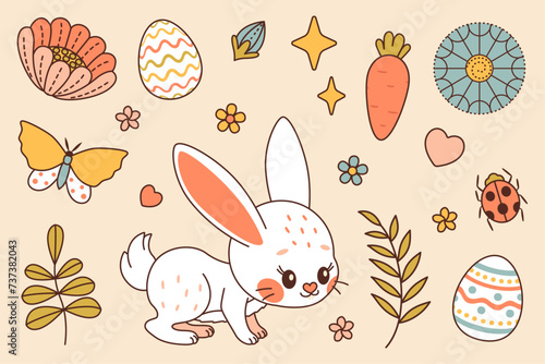 Happy Easter vector set. White bunny. Cute rabbit whis flowers and plants, eggs, carrot, butterfly and ladybug. Trendy color flat style vector set. Perfect For Poster, Tshirt Print or Greeting Card.