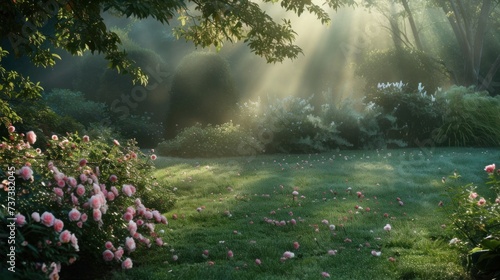 A tranquil garden bathed in soft morning light  adorned with dew-kissed petals  whispers of nature s awakening