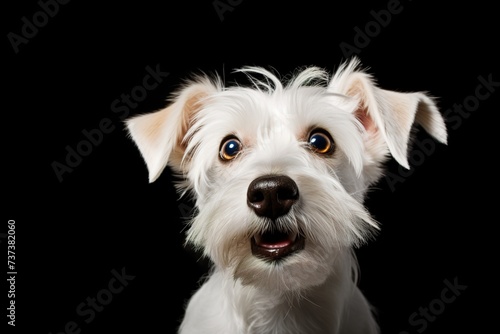 Cute, surprised dog with large, captivating eyes on black background. Ideal for promotions, great deals or offers. Good price, Black Friday, discount. Amazed pet.