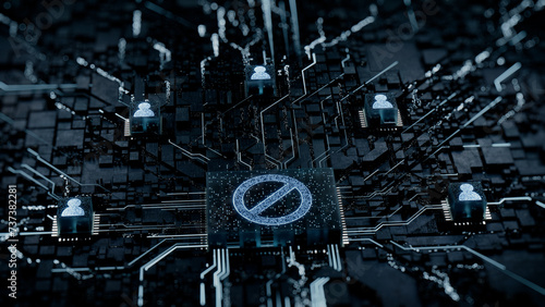 Restricted Access Technology Concept with Prohibition symbol on a Microchip. White Neon Data flows between Users and the CPU across a Futuristic Motherboard. 3D render. photo
