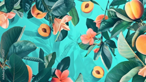 Creative concept of peach on the turquoise background. Exotic fruits and leaves