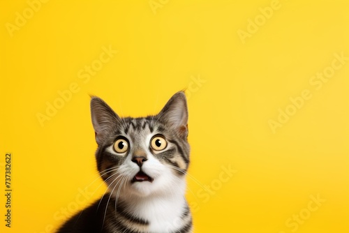 Cute, surprised cat with large, captivating eyes on yellow background. Ideal for promotions, great deals or offers. Good price, Black Friday, discount. Copy space for text. Amazed pet.