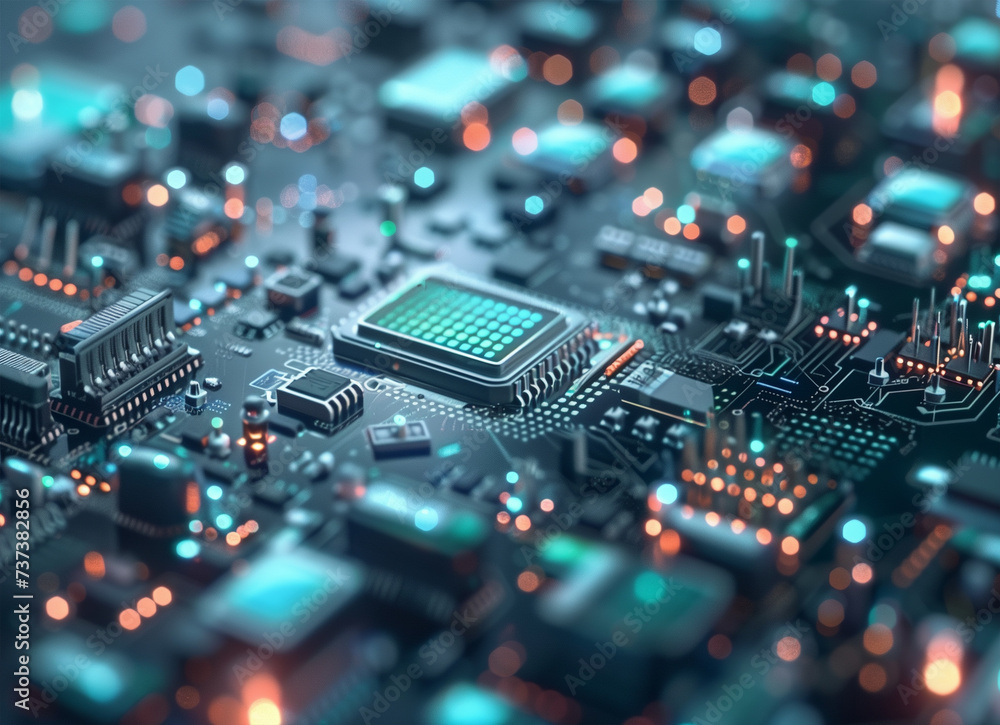 Fototapeta premium Semiconductors of computer circuit board technology with green lights.