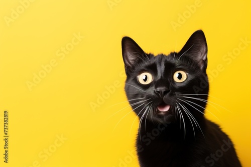 Black surprised cat with large, captivating eyes on yellow background. Ideal for promotions, great deals or offers. Good price, Black Friday, discount. Copy space for text. Amazed pet. © Kassiopeia 