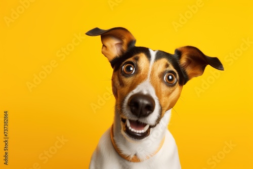 Cute, surprised dog with large, captivating eyes on yellow background. Ideal for promotions, great deals or offers. Good price, Black Friday, discount. Copy space for text. Amazed pet. © Kassiopeia 