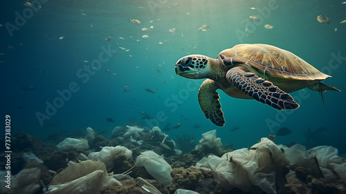 Marine Pollution, Garbage in the Sea and the Elderly Turtle. © dekzer_ai