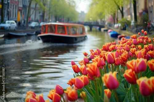  A scenic boat tour gliding through canals lined with colorful tulips, showcasing the unique perspective and peaceful atmosphere enjoyed by visitors.