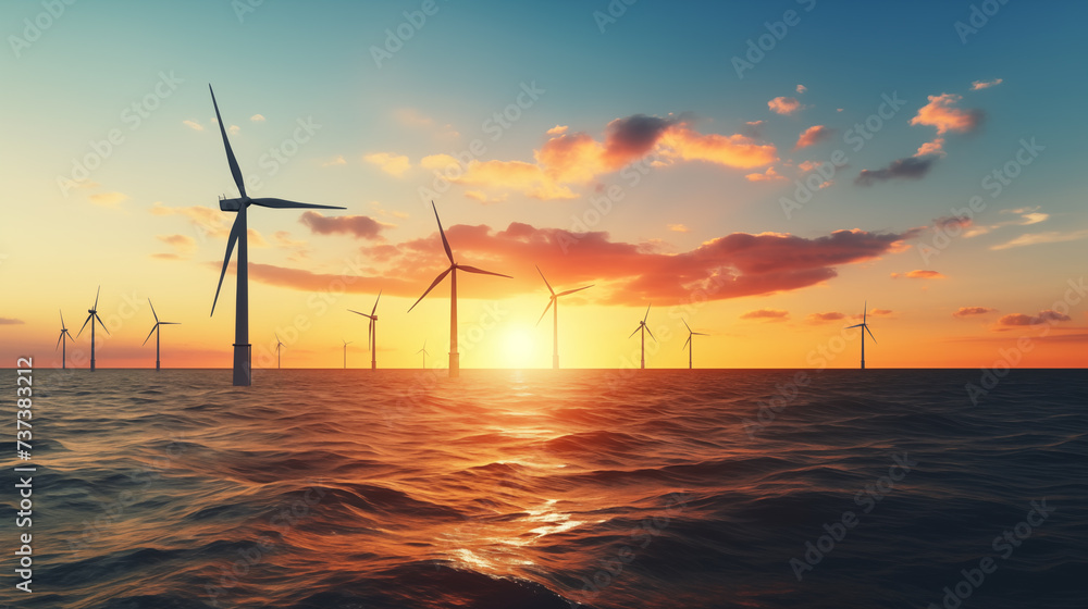 Silhouette Wind Turbine in the Sea with Sunset Landscape View.