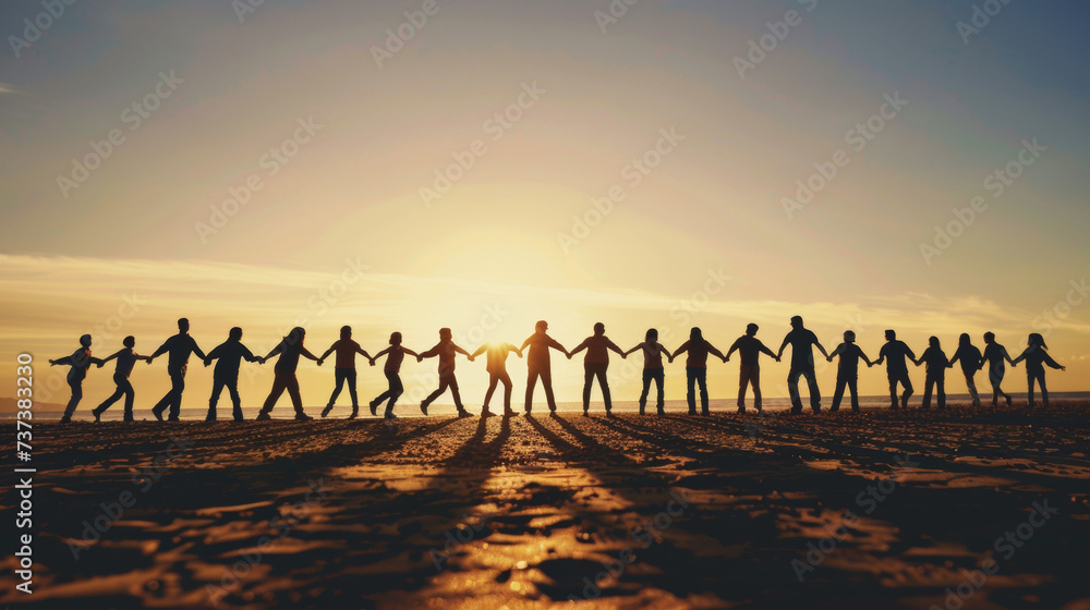 groupe de personne faisant une chaine humaine en se tenant la main sur l'horizon à contre-jour, concept de solidarité et d'entre-aide 