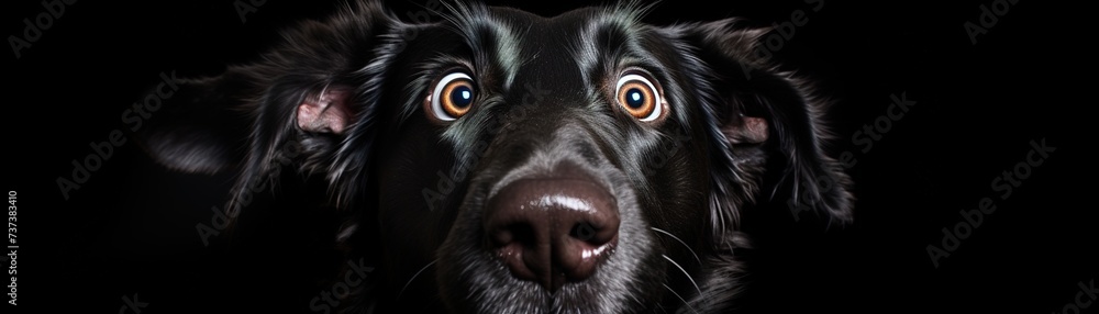Cute, surprised dog with large, captivating eyes on black background. Ideal for promotions, great deals or offers. Good price, Black Friday, discount. Amazed pet. Panoramic banner.