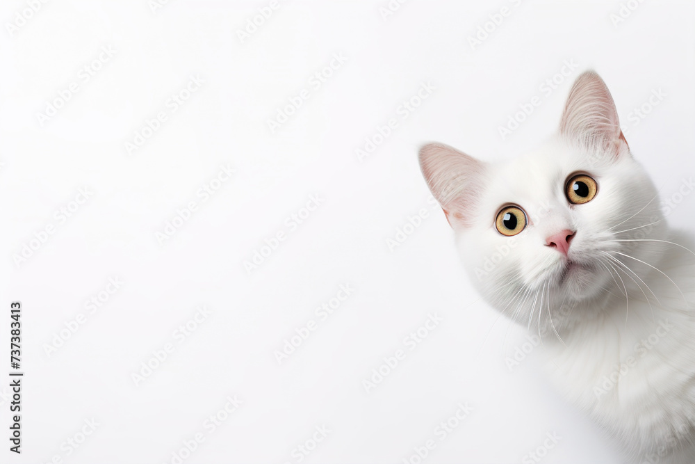 White surprised cat with large, captivating eyes on white background. Ideal for promotions, great deals or offers. Good price, Black Friday, discount. Copy space for text. Amazed pet.