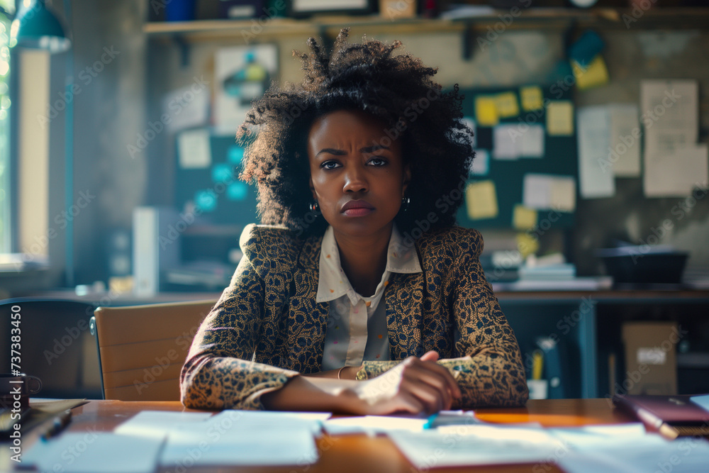 Professional Black Woman in Office at Work Unhappy at Desk
