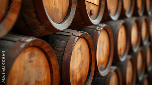 A wall of wooden barrels stacked on top of each other. © wcirco