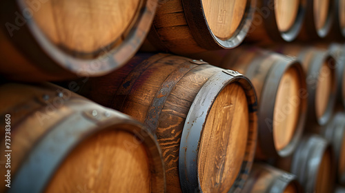 A wall of wooden barrels stacked on top of each other. photo