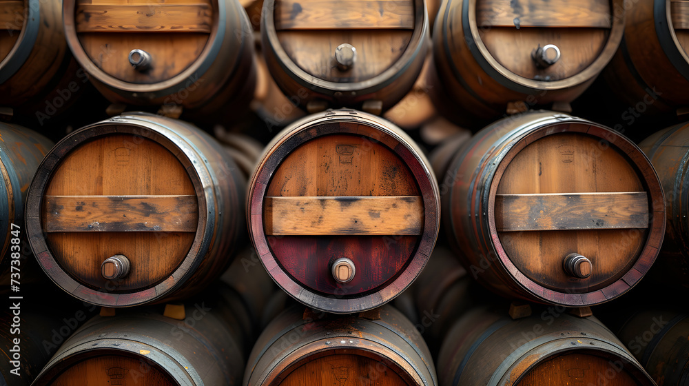 A wall of wooden barrels stacked on top of each other.