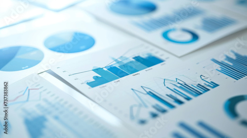 close-up of a collection of business documents with various types of charts and graphs