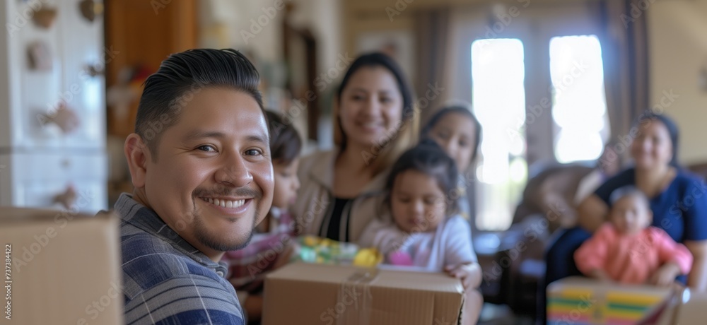 Relocation concept of big mexican or latino family with middle aged man smiling at camera Relocation concept of big mexican or latino family with middle aged man smiling at camera