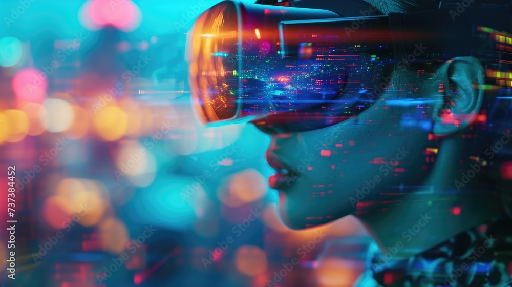 Beautiful woman in futuristic dress on neon light background, female in glasses of virtual reality, Augmented reality, science, future technology, robots and people concept, generative ai